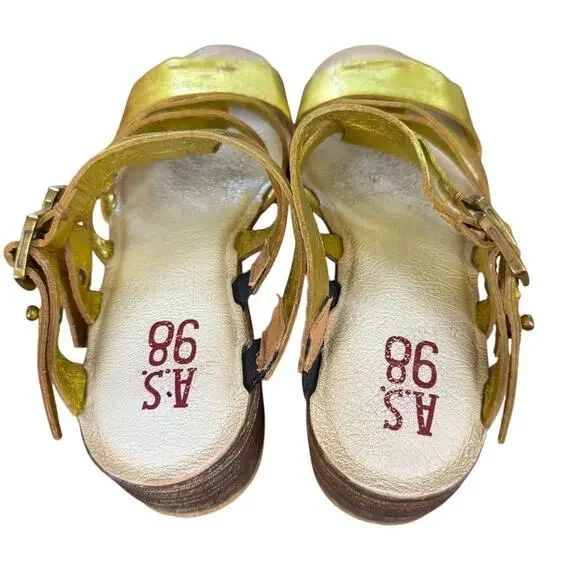 AS 98 Gold Leather Platform Block Chunky Heel Slides Slip On Sandals sz 40 9 9.5